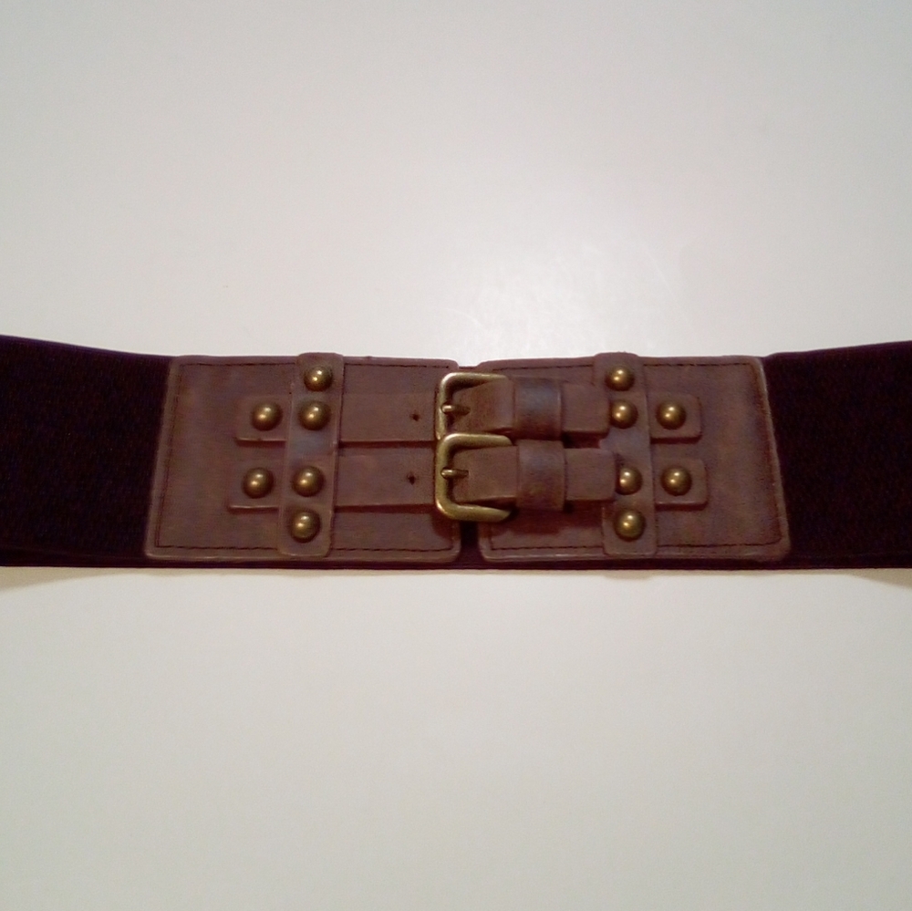 Belt Women Brown Boho Western Faux Leather Double Buckle Brass Studs Stretch M/L